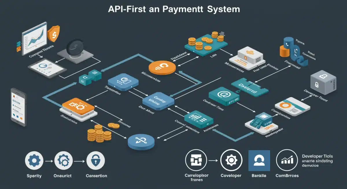 Infographic detailing API-First payment system architecture and benefits