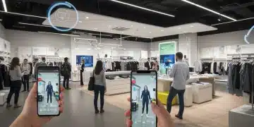 Customers using augmented reality in a modern retail store for interactive shopping experiences.