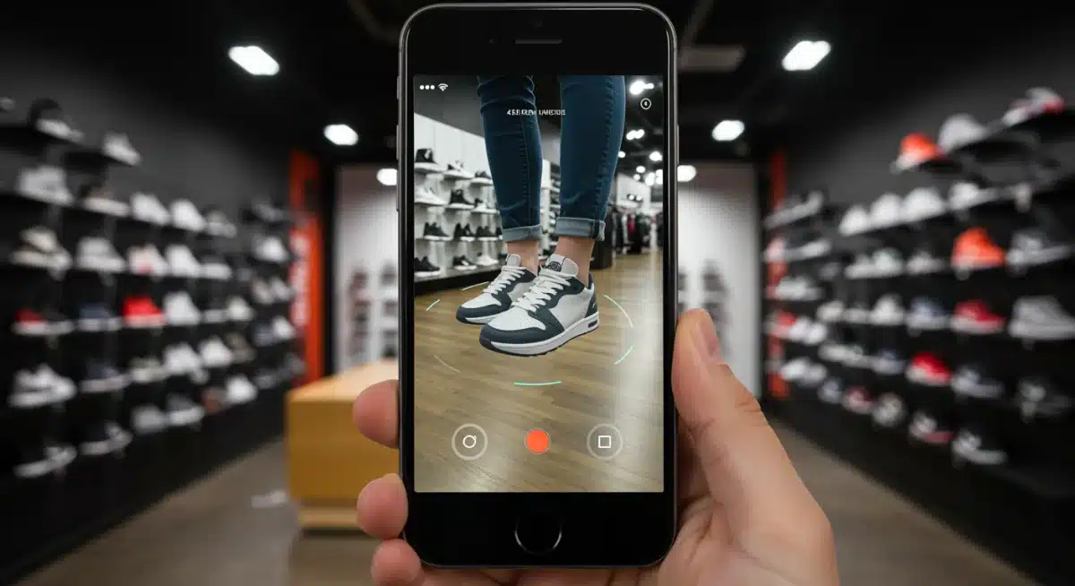 Smartphone displaying an augmented reality virtual try-on for sneakers in a retail store.