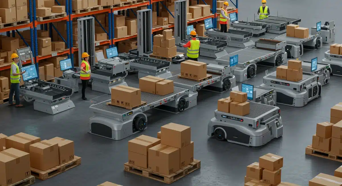 Automated warehouse with robots and human oversight, showcasing AI integration in logistics.
