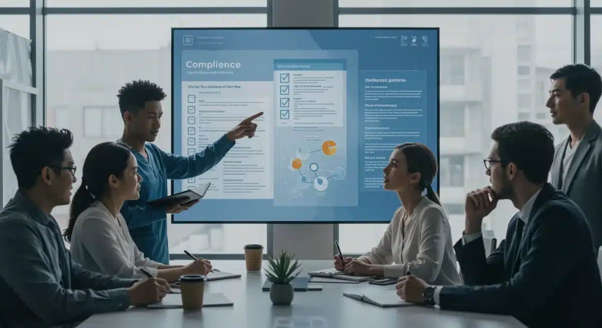 Team reviewing FDA compliance checklist on a large screen in a modern office