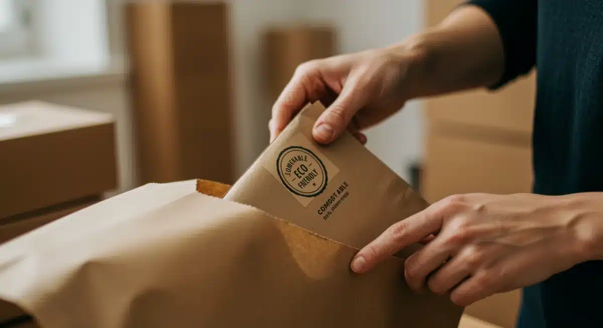 Hands packing product in compostable mailer for sustainable e-commerce shipping