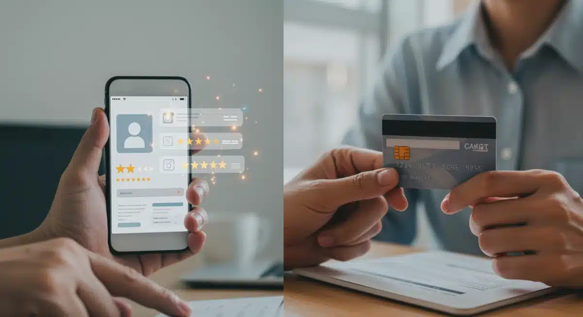 Customer review on smartphone influencing an online purchase with a credit card