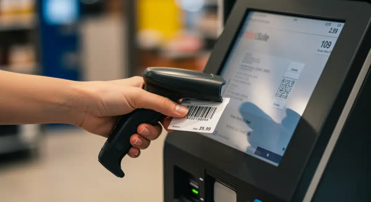 Close-up of a customer scanning a product at an automated checkout kiosk, highlighting user interaction.