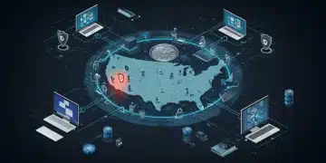 Digital representation of data flow and state borders, illustrating data breach notification laws and reporting deadlines.