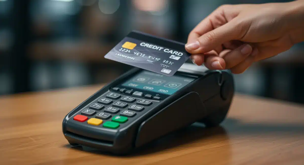 Credit card payment being processed at a digital point-of-sale terminal.