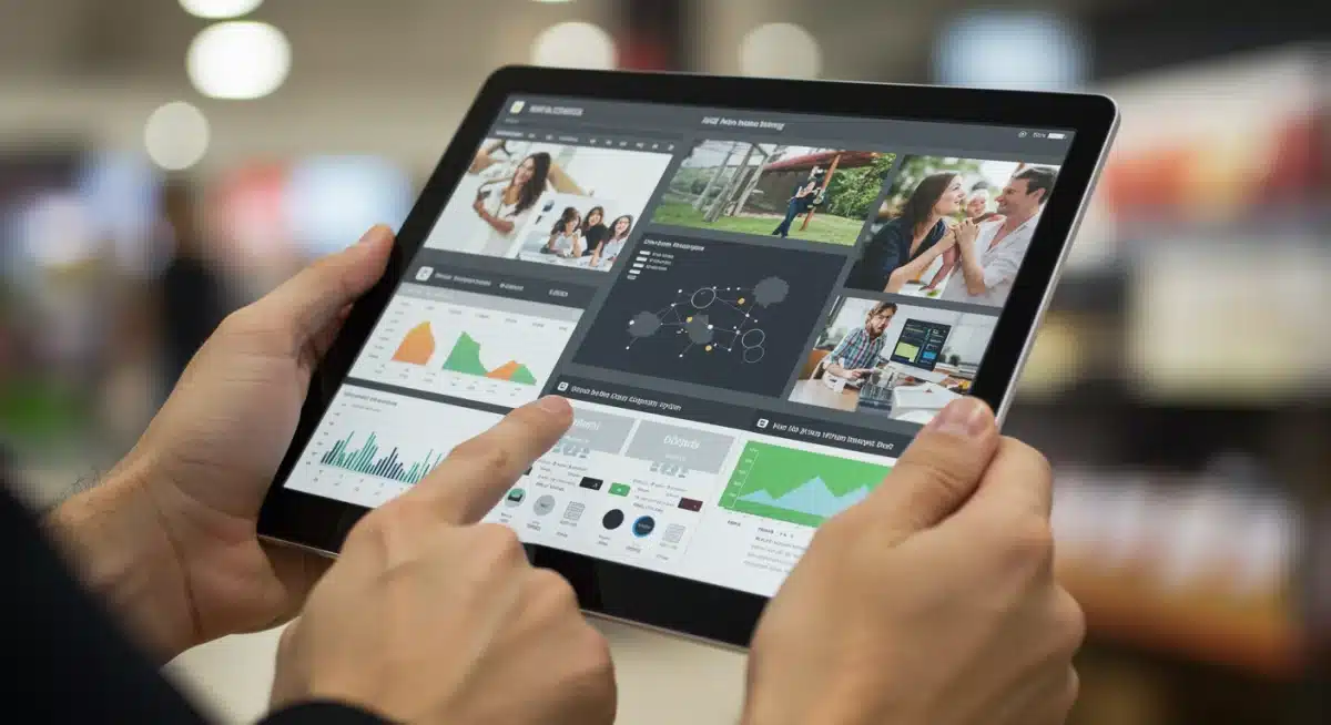Digital signage content management system interface on a tablet for retail.