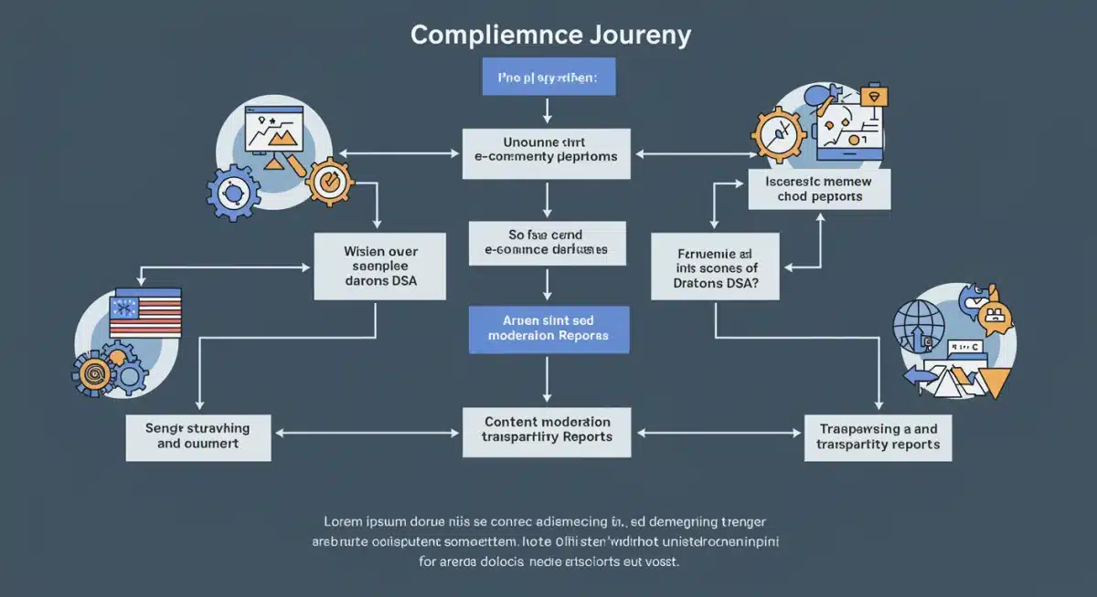Flowchart representing DSA compliance journey for US e-commerce platforms, outlining risk assessment, policy implementation, and reporting.