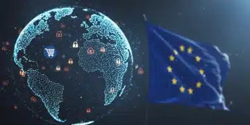 Digital globe with EU flag, abstract legal symbols, representing DSA impact on global e-commerce platforms.