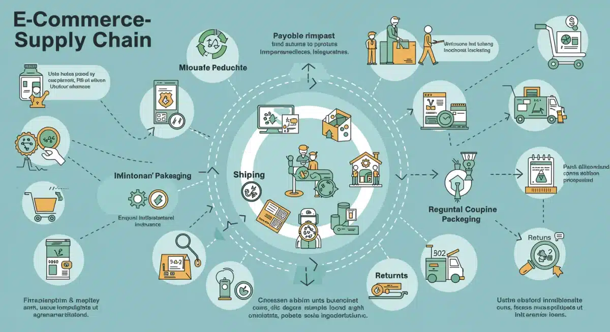 Infographic showing e-commerce supply chain environmental impact points and regulatory compliance strategies.
