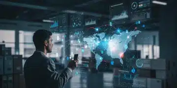 Navigating Supply Chain Shifts: E-commerce Trends for US Businesses in 2025 Digital representation of a global supply chain network focusing on the US, with data overlays for e-commerce logistics.