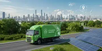 Eco-friendly e-commerce delivery truck navigating a sustainable urban landscape, symbolizing 2025 environmental compliance.