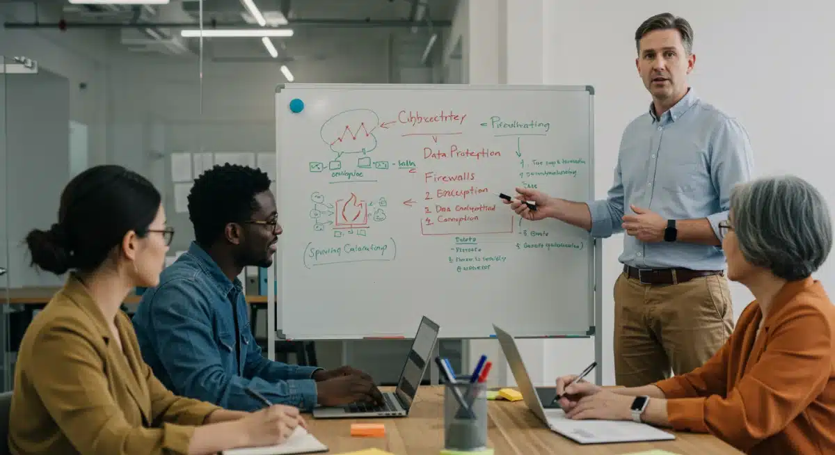 Small business employees engaging in cybersecurity training session, learning data protection best practices.