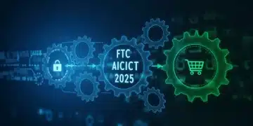FTC Act 2025: Key E-commerce Compliance Changes Explained Illustration of FTC Act 2025 regulations impacting e-commerce businesses, with gears and data flows