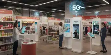 Futuristic retail store with customers using AR and smart displays, powered by 5G