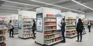 Futuristic retail store with smart shelves and beacons enhancing customer experience