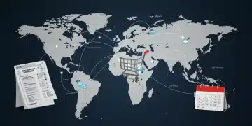Global digital trade network with customs paperwork and 2025 calendar overlay for e-commerce