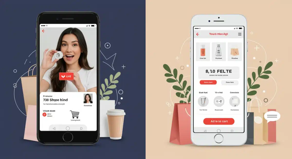 Influencer demonstrating product on live stream with integrated mobile shopping