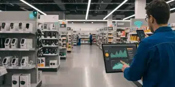Technician monitoring IoT sensor data for predictive maintenance in a modern retail store