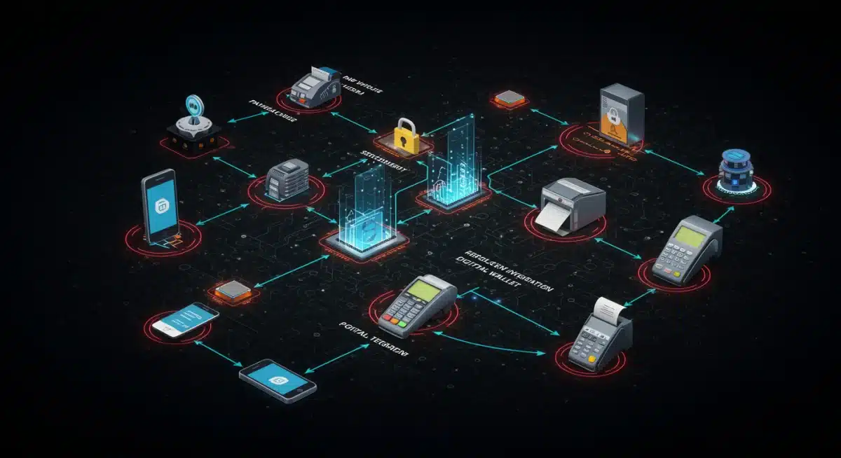 Interconnected payment terminals and devices showing merchant integration of digital wallets.