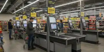 Customers using modern automated checkout systems in a grocery store, demonstrating efficiency and reduced wait times.