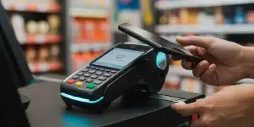 Modern contactless payment terminal in a US retail store, showing a successful transaction.