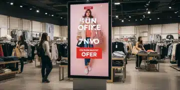Modern digital signage display in a US retail store promoting fashion items.