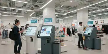Modern retail environment with integrated digital experiences and self-checkout, showcasing unified commerce.