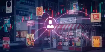 Futuristic e-commerce interface with personalized product recommendations and rising sales graph