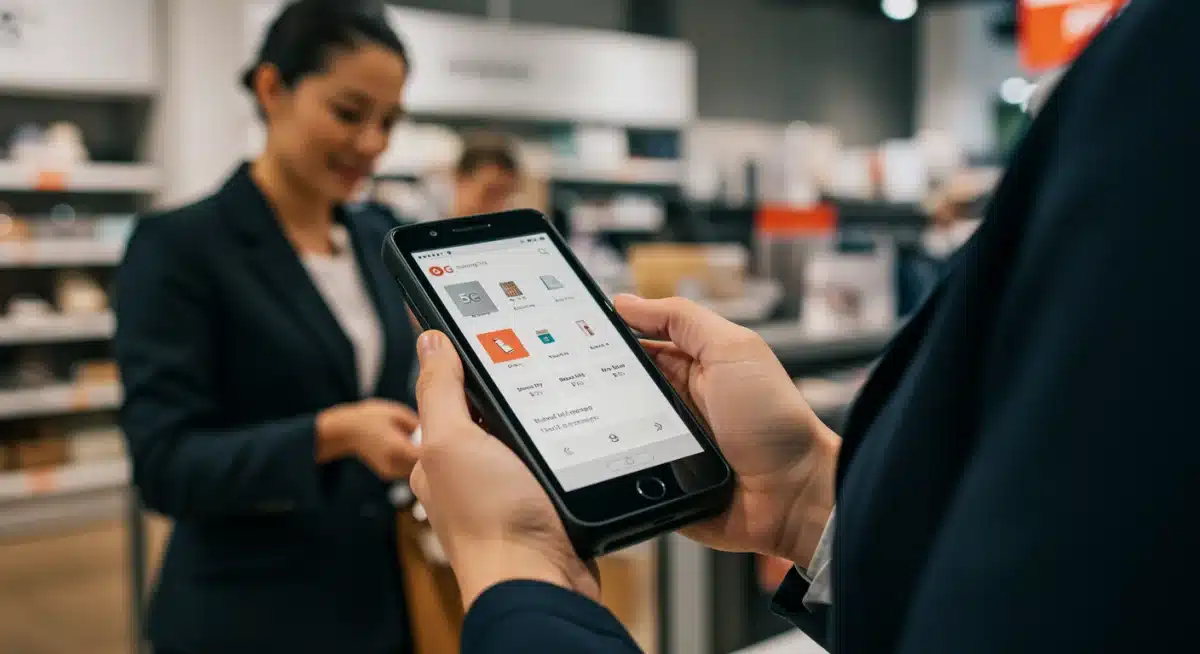 Retail associate using 5G device for inventory and customer assistance