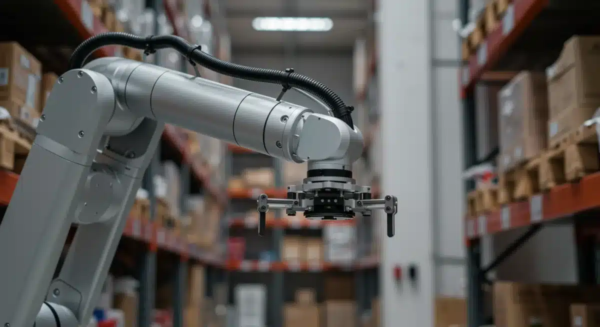 Robotic arm precisely picking an item in an automated warehouse