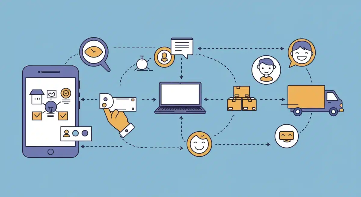 Seamless customer journey illustration with personalized digital interactions and efficient logistics.