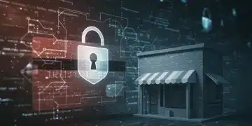 Securing Payment Data: 6-Step Guide for US Small Businesses 2025 Digital illustration of secure payment data for US small businesses, featuring a lock, credit card, and cybersecurity elements.