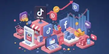 Social media platforms integrated with e-commerce, showing shopping carts and rising sales charts