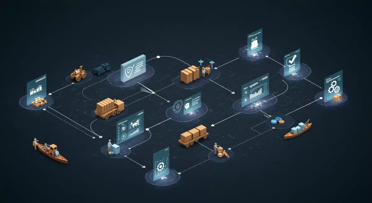 Data flow visualization in a transparent supply chain with compliance checkpoints.