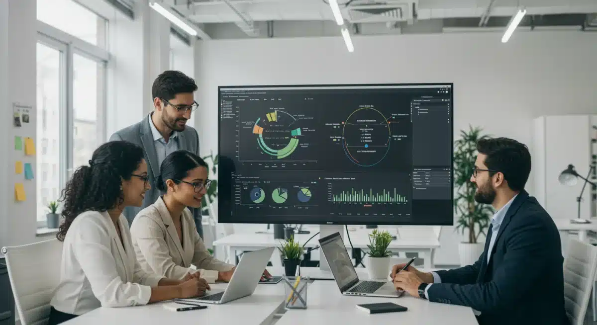 Team collaborating on integrated financial data in a modern office