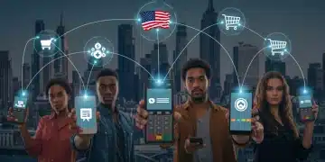 People using smartphones for mobile payments in various US urban settings, demonstrating digital transaction growth.