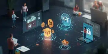 Web3 E-commerce Adoption Trends 2025: Analysis & Updates Futuristic e-commerce platform with Web3 elements like blockchain and NFTs