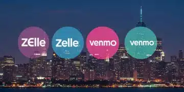 Futuristic digital payment icons for Zelle and Venmo over a US city skyline, representing evolving P2P market.